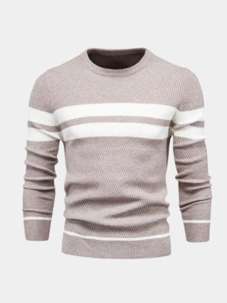 Men's textured stripe crewneck sweater, tailored fit with subtle chest and sleeve stripe accents
