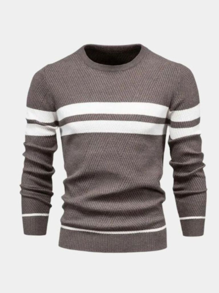 Men's textured stripe crewneck sweater tailored fit with subtle chest and sleeve stripe accents