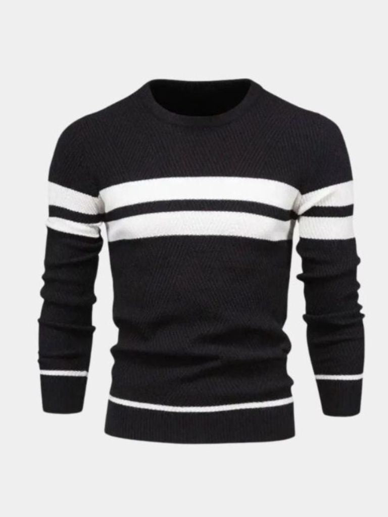 Men's textured stripe crewneck sweater tailored fit with subtle chest and sleeve stripe accents