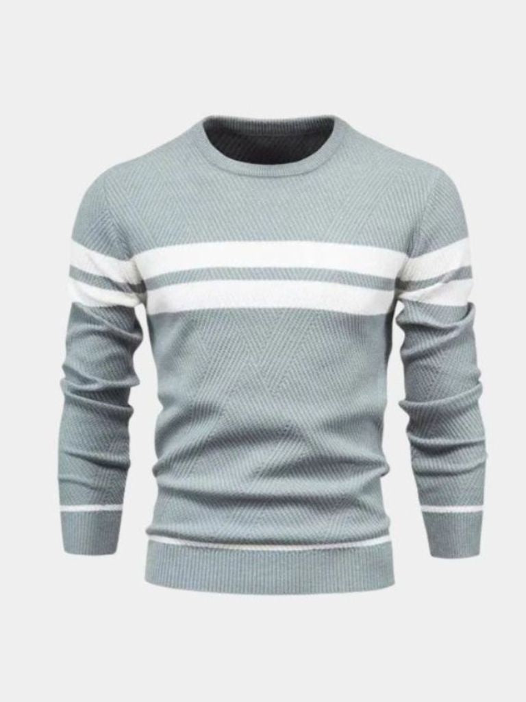 Men's textured stripe crewneck sweater tailored fit with subtle chest and sleeve stripe accents