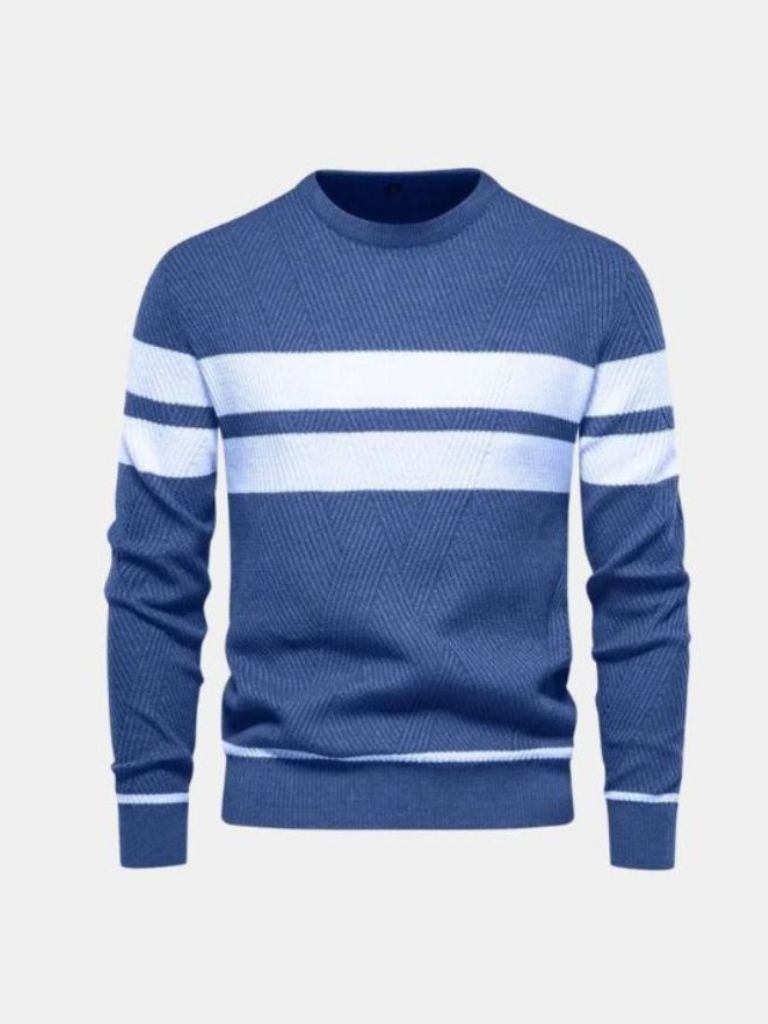 Men's textured stripe crewneck sweater tailored fit with subtle chest and sleeve stripe accents