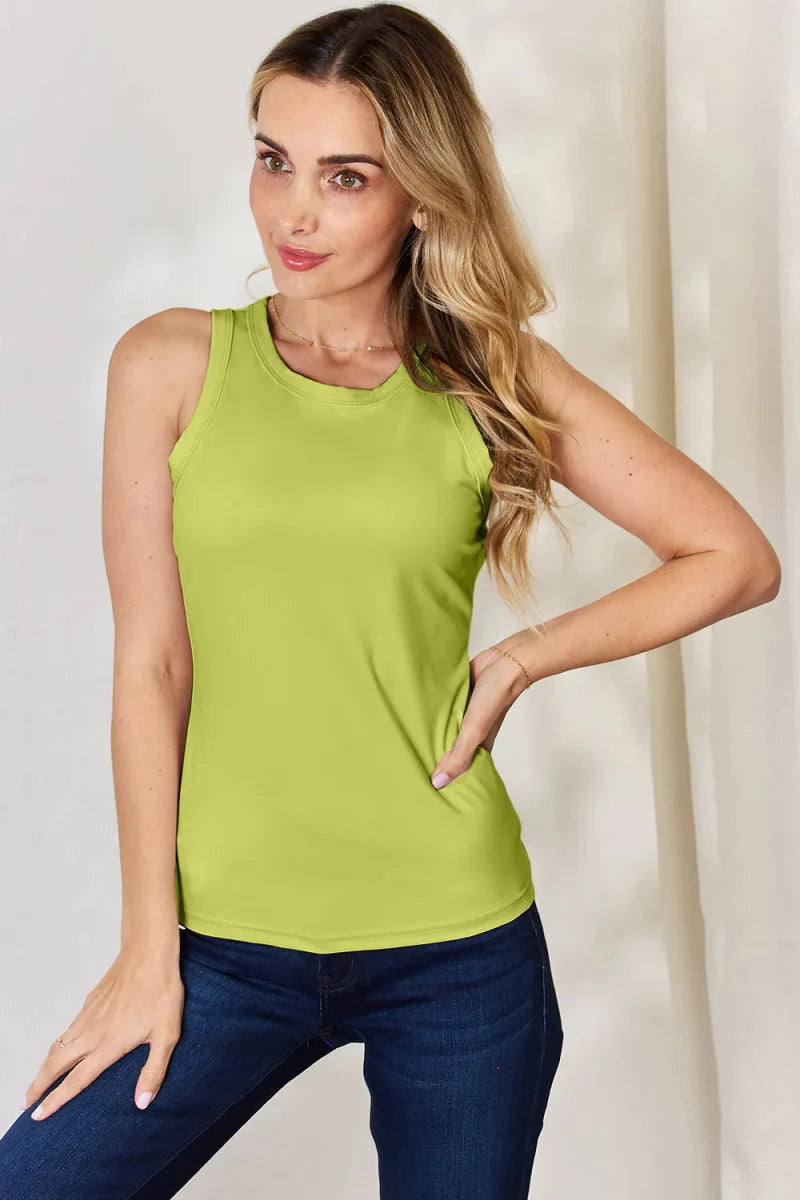 Women's fitted sleeveless tank top nylon spandex blend opaque fabric versatile layering essential