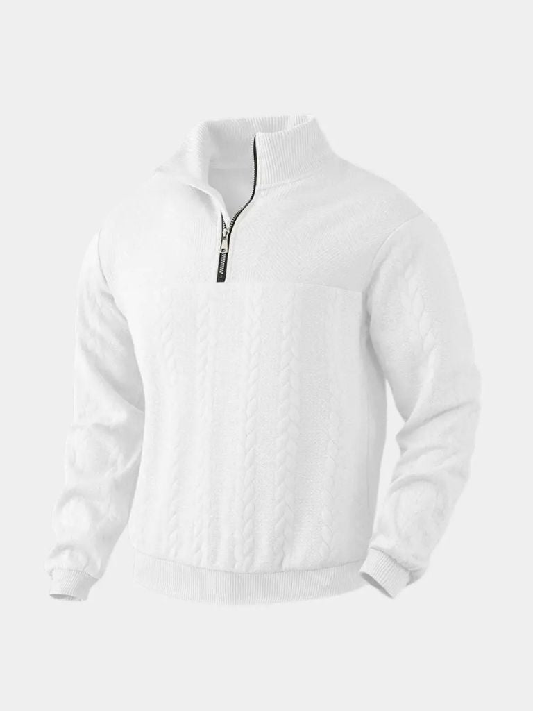 Cream cable-knit quarter-zip sweater unisex midweight textured front smooth sleeves classic fit