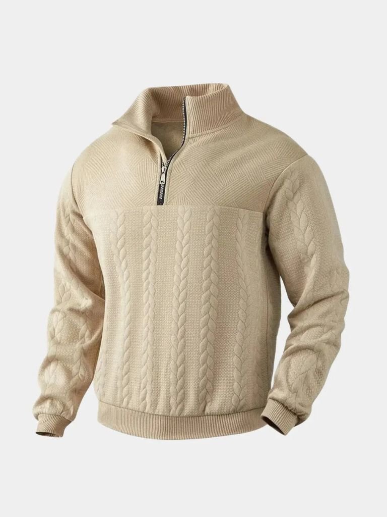 Cream cable-knit quarter-zip sweater unisex midweight textured front smooth sleeves casual refined fit