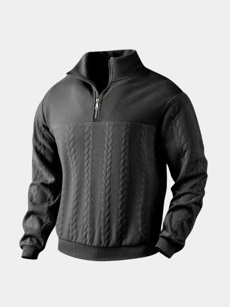 Heather gray cable-knit quarter-zip sweater, unisex midweight with textured front panel