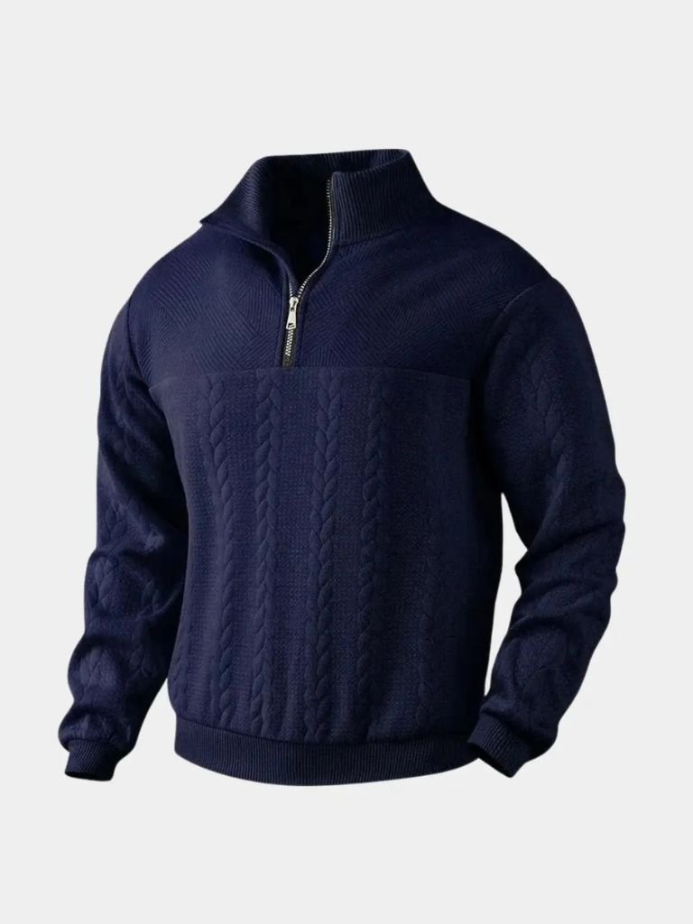 Cream midweight cable-knit quarter-zip sweater with textured front panel and smooth sleeve finish