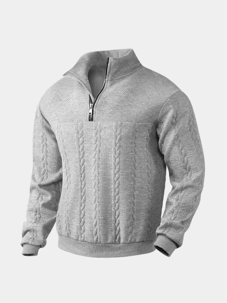 Cream cable-knit quarter-zip sweater unisex midweight textured front smooth sleeves casual refined