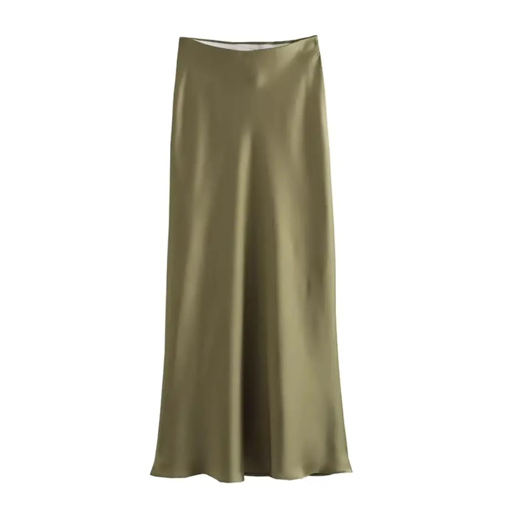 Women's high-waisted slip skirt smooth polyester fabric sleek streamlined silhouette elastic waist