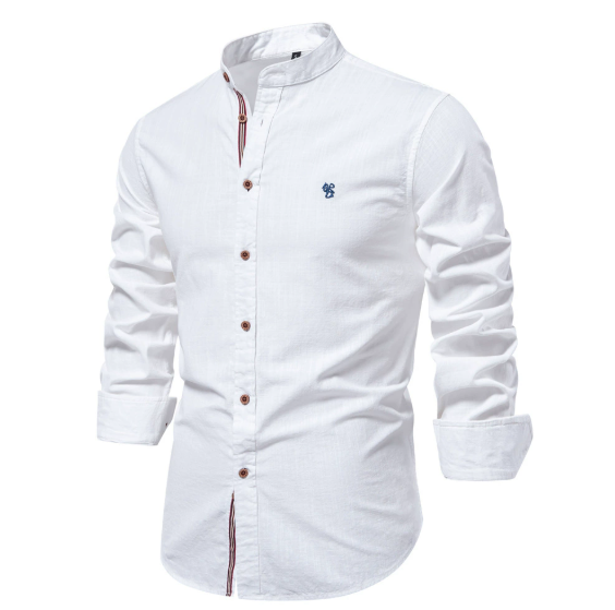 Men's slim fit white stand-up collar shirt with continuous button placket minimalist design