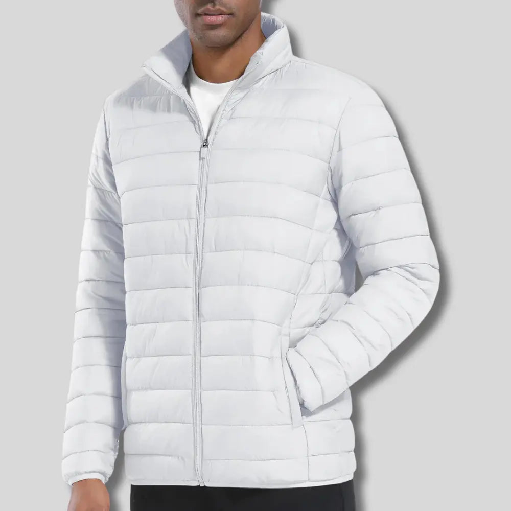 Everett lightweight water-resistant puffer jacket in neutral tone, slim fit for outdoor adventures