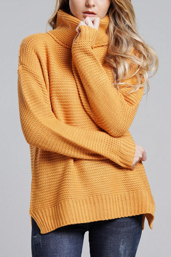 Women's chunky knit oversized turtleneck sweater cozy fit with ribbed hem and cuffs