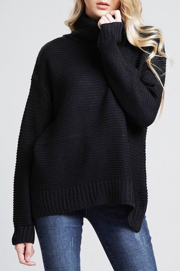 Women's chunky knit oversized turtleneck sweater cozy fit with ribbed hem and cuffs