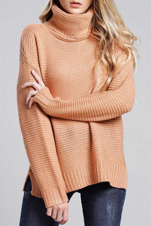 Women's chunky knit oversized turtleneck sweater cozy fit with ribbed hem and cuffs