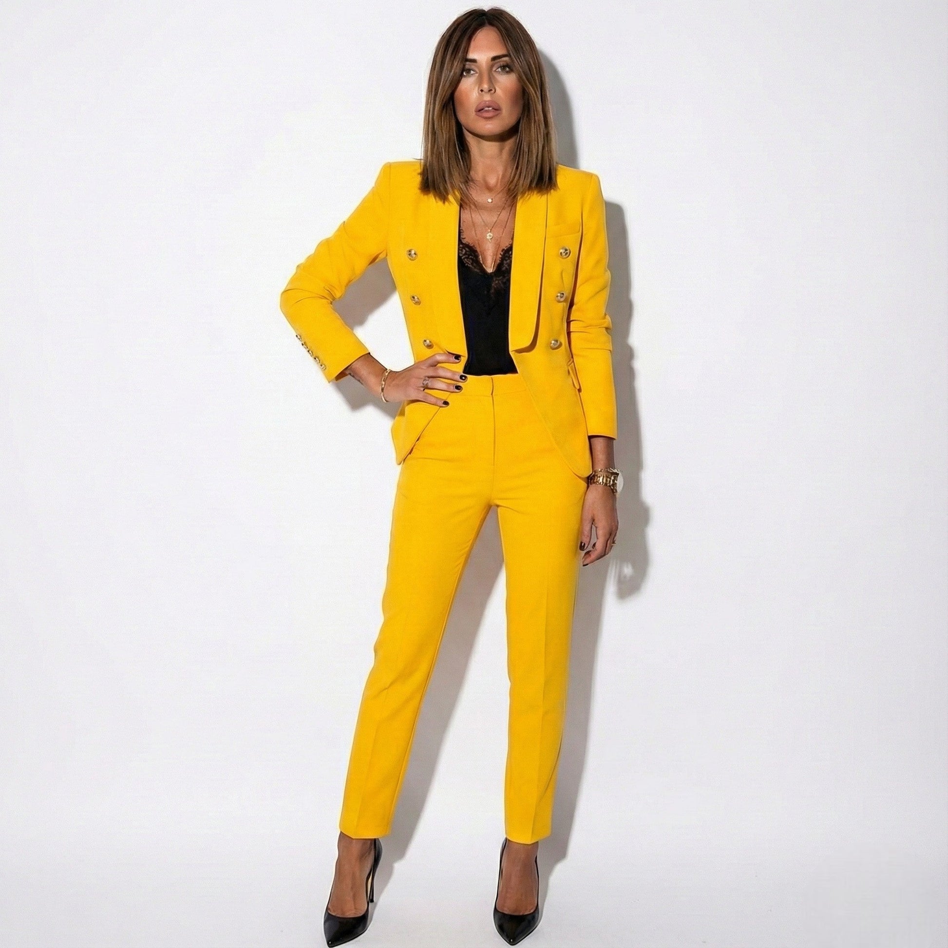Women's tailored blazer and pants two-piece set in black power dressing office suit with structured fit