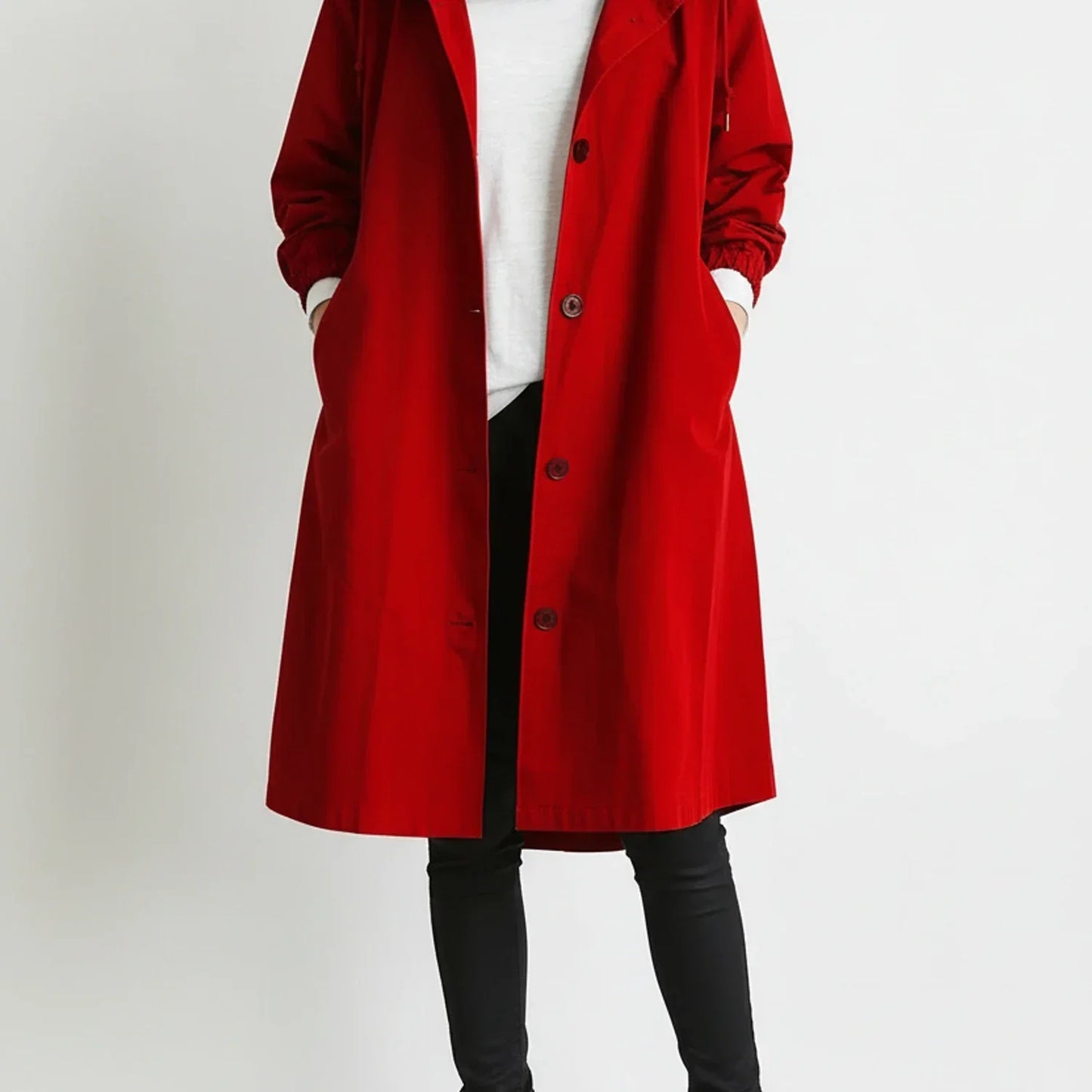 Women's hooded long coat A-line silhouette button front drawstring hood trench-inspired everyday outerwear