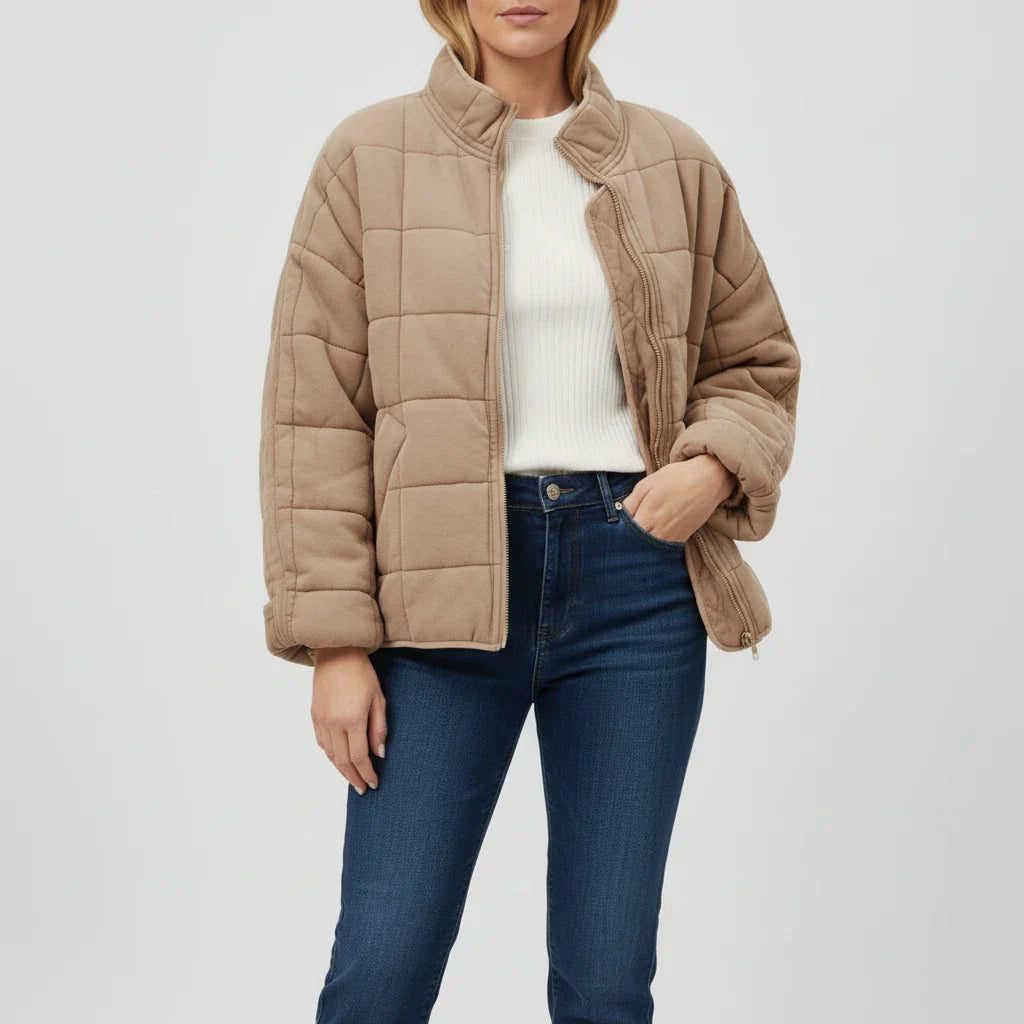 Women's quilted bomber jacket loose fit stand collar front zip transitional weather outerwear