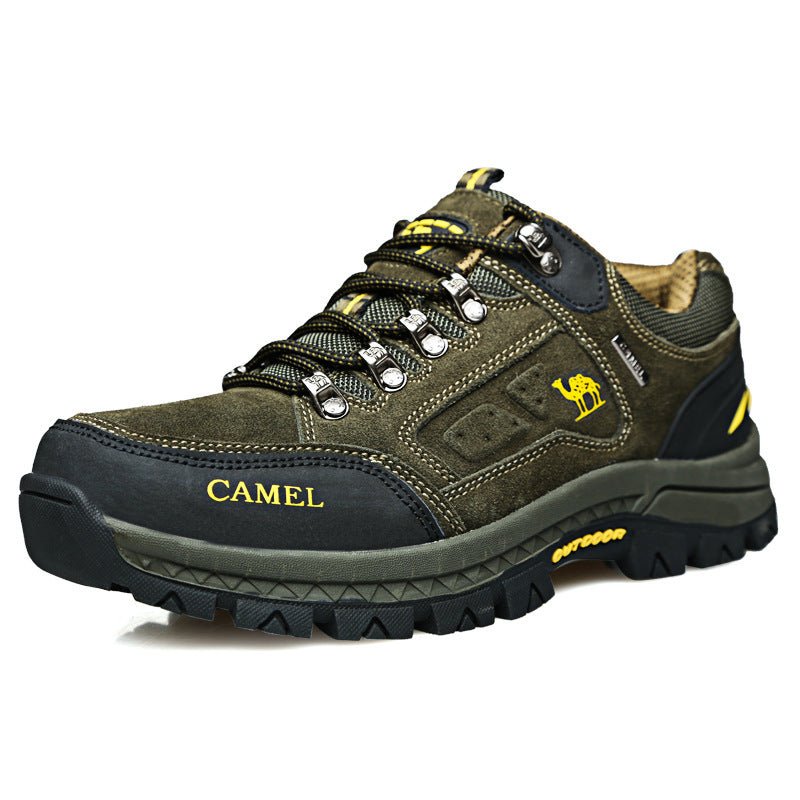 Brown lace-up Explorer hiking shoes with all-terrain grip sole and breathable water-repellent construction