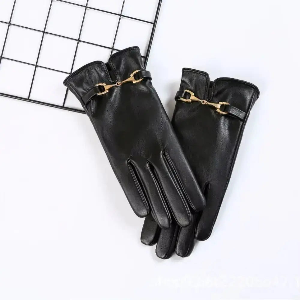 Women's black faux leather gloves velvet-lined windproof cold weather sleek modern fit