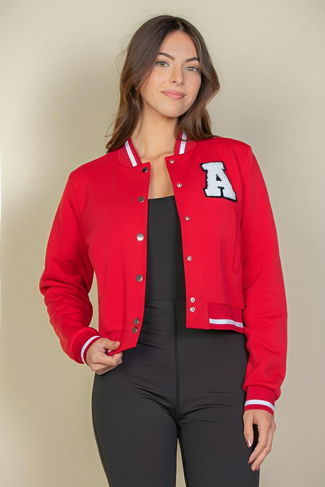 Black crop varsity jacket with bold letter patch, striped trim, and collegiate style for trendsetters