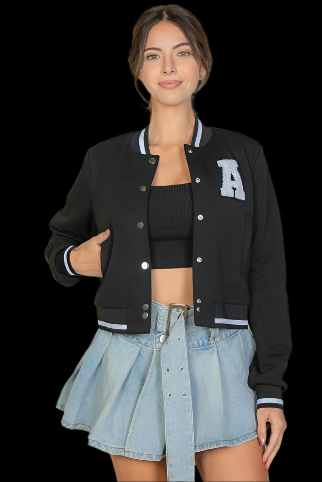 Black crop varsity jacket with bold letter patch, sporty collegiate style, soft-stretch fabric