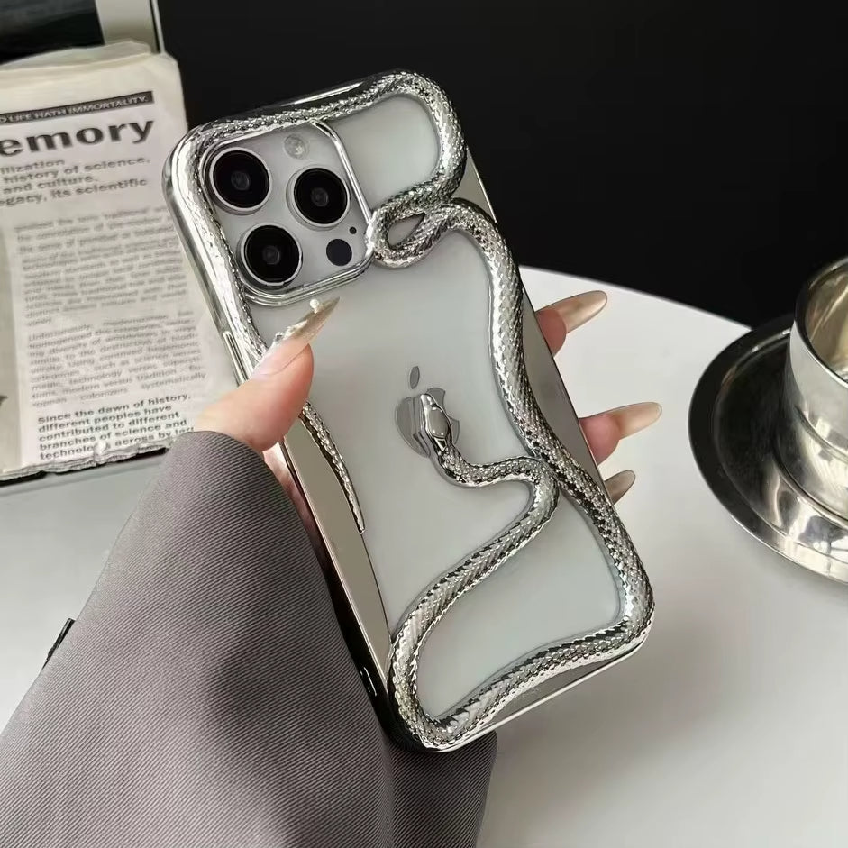 Black iPhone case with 3D coiled serpent wrapping Apple logo, garden-inspired bold protective design