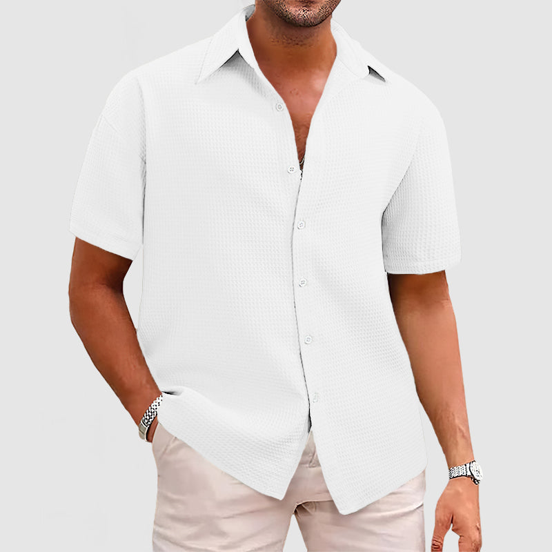 Men's beige waffle short sleeve shirt relaxed fit with textured fabric for casual warm weather comfort