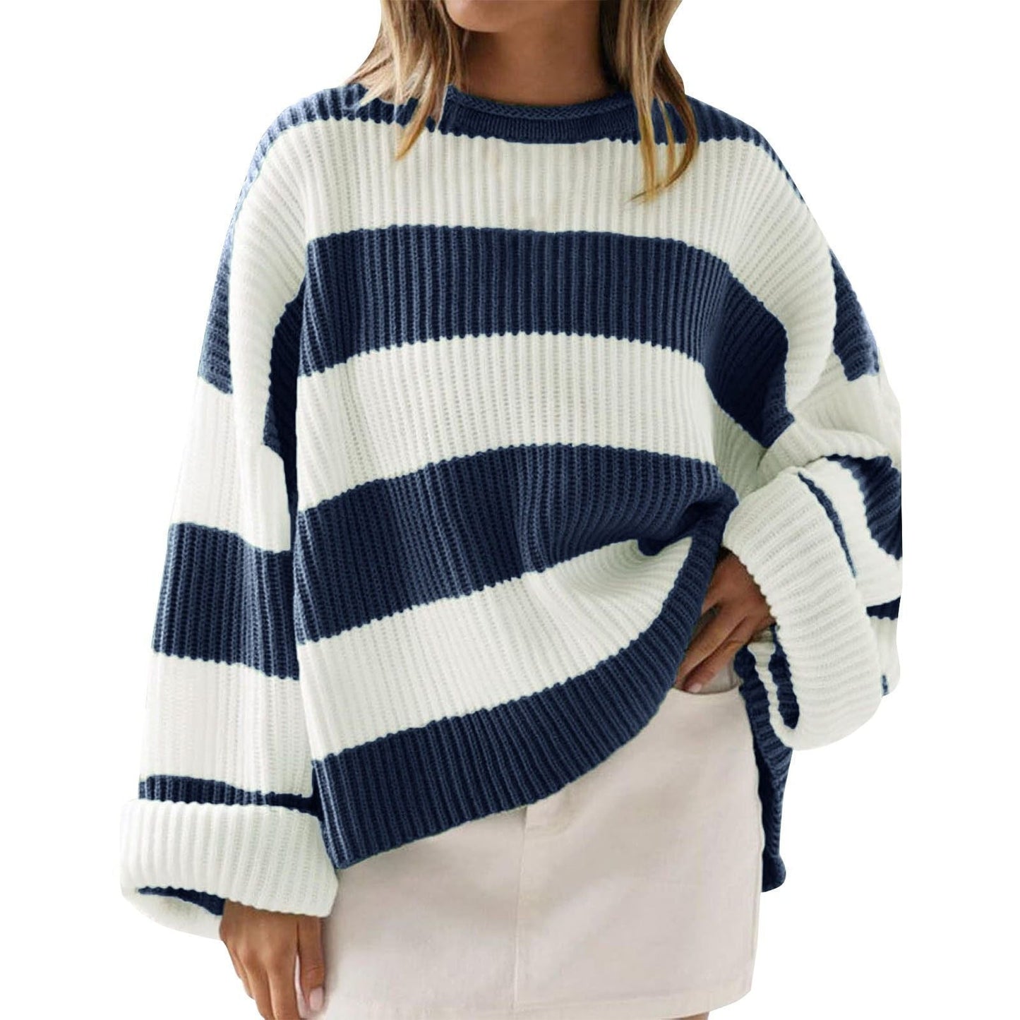 Women's casual striped knit sweater with spandex blend for flexible comfort and versatile everyday wear