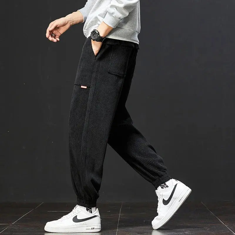 Beige corduroy sweatpants relaxed fit lounge style with adjustable waist and deep pockets