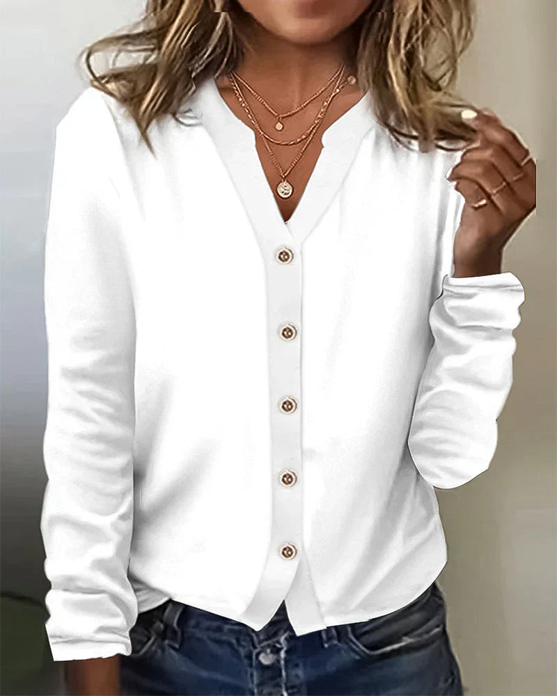 Women's white cotton button-down top, classic silhouette with elegant everyday versatile style