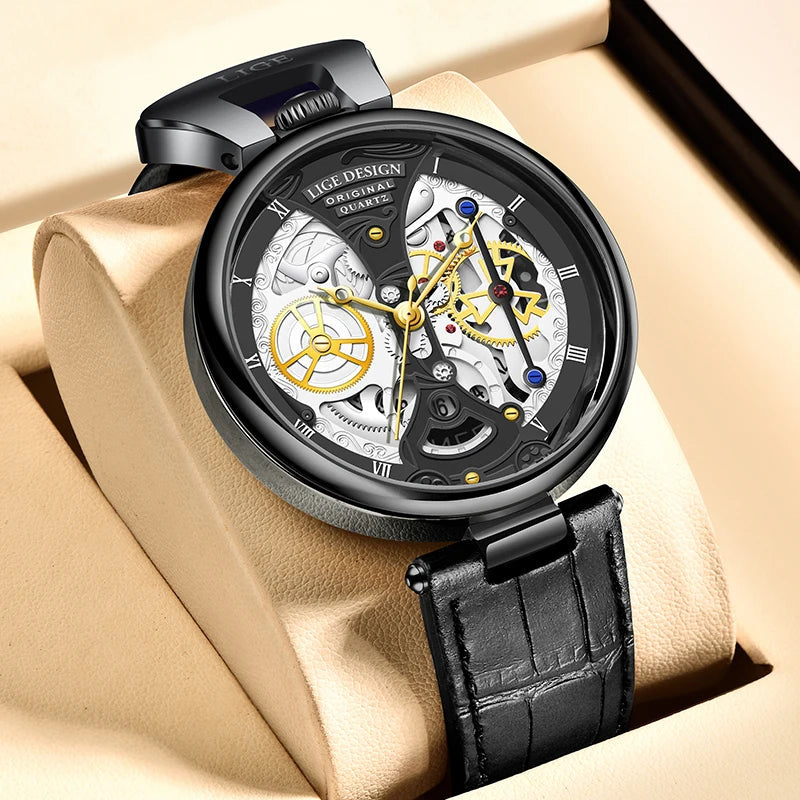 LIGE Paragon skeleton watch stainless steel automatic open-work dial waterproof for enthusiasts