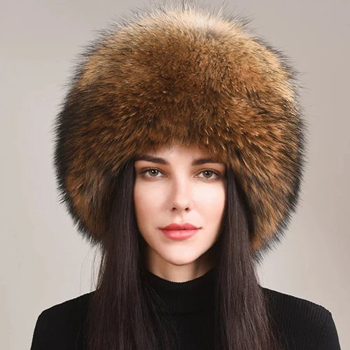 Genuine fox fur winter hat in natural tones, plush lightweight insulation with luxurious texture