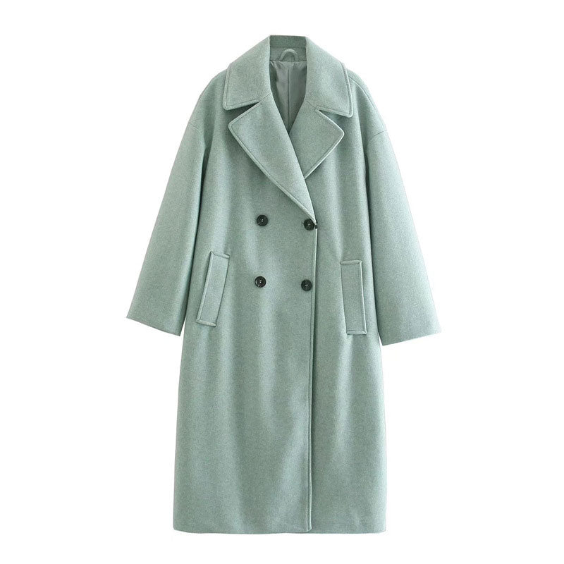 Women's long double-breasted coat tailored straight silhouette minimalist urban chic city professional style