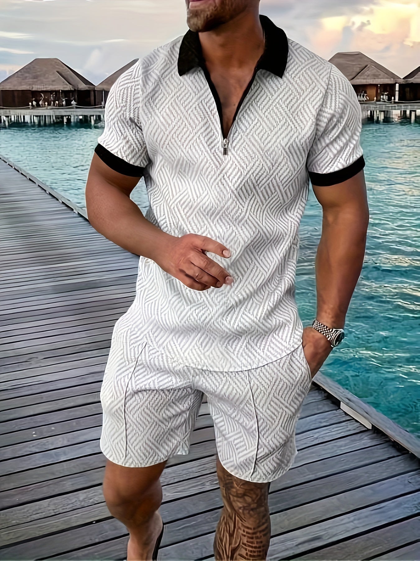 Men's geometric print cotton blend romper short sleeve one-piece with front zipper, relaxed summer fit