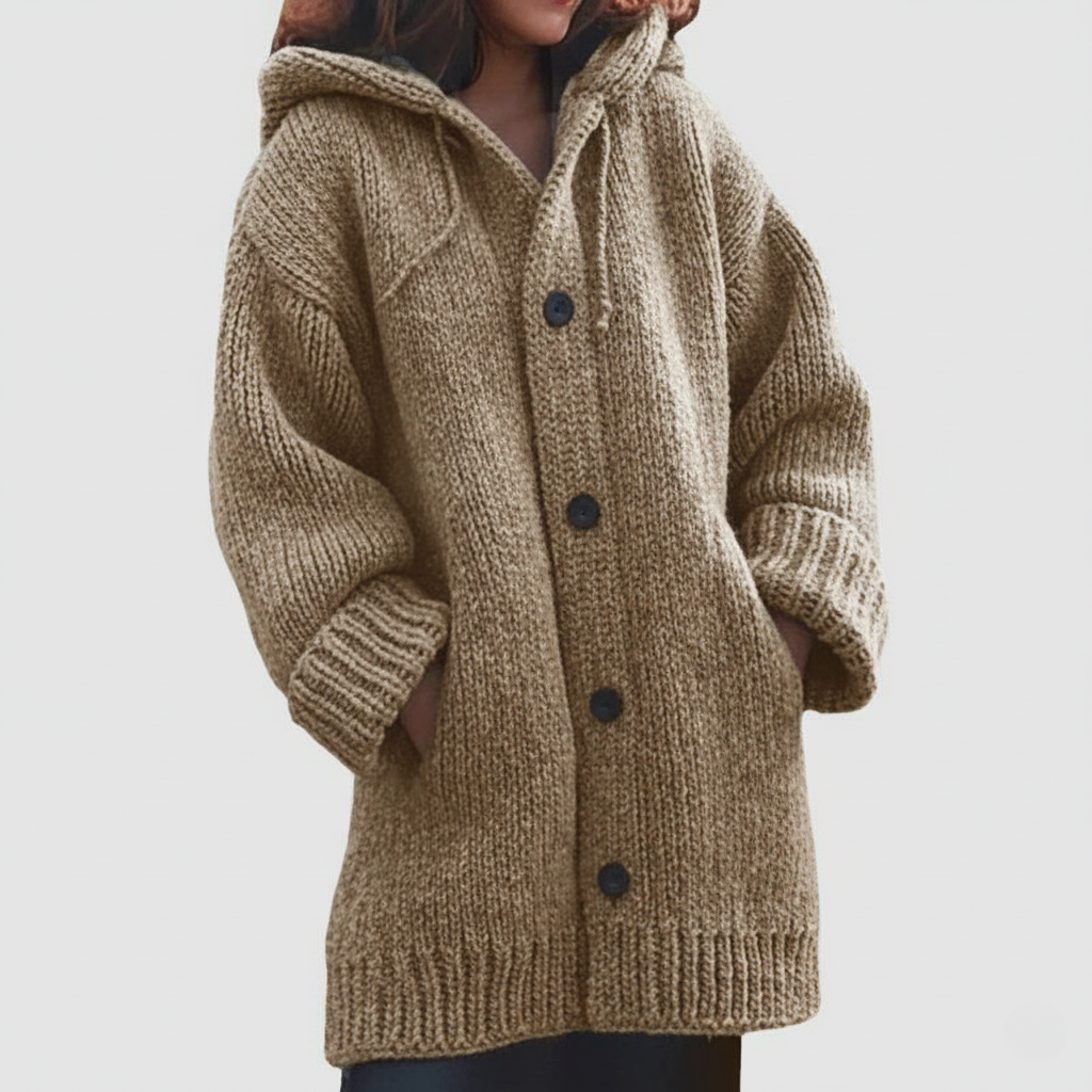 Women's oatmeal wool-blend oversized hooded cardigan with button-front pockets, mid-thigh length