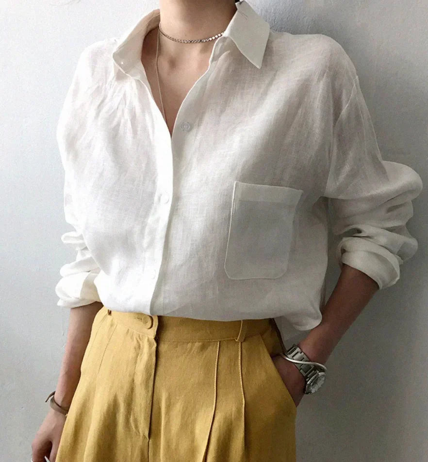 Women's white linen blouse elegant relaxed fit breathable fabric for office and casual wear