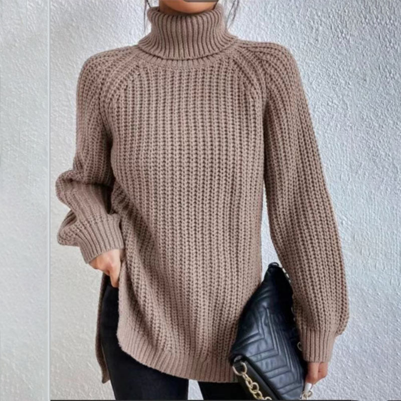Chunky knit turtleneck sweater in neutral tone, unisex relaxed fit with high rolled collar