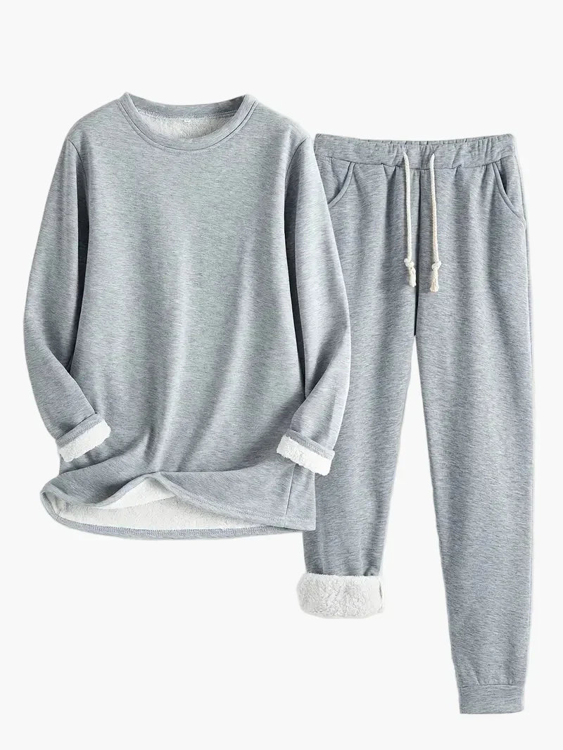 Women's two-piece lounge set soft relaxed-fit round neck top matching drawstring pants homewear