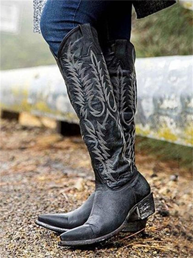Women's vintage western knee-high boots in brown artificial leather with floral embroidery and low heel
