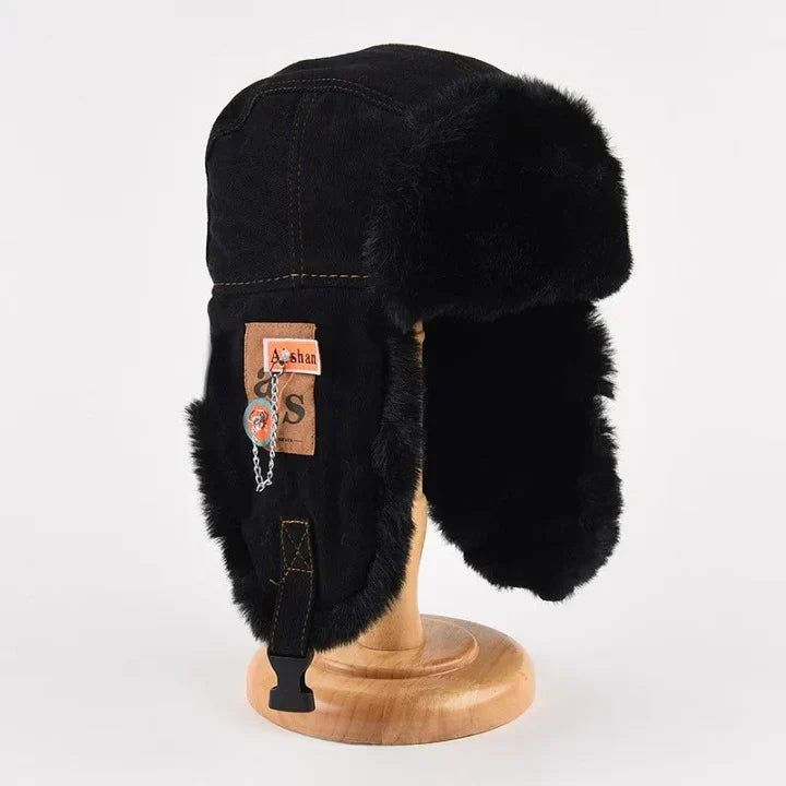Men's black fleece trapper hat structured fit with faux fur trim ear flaps for winter outdoor wear