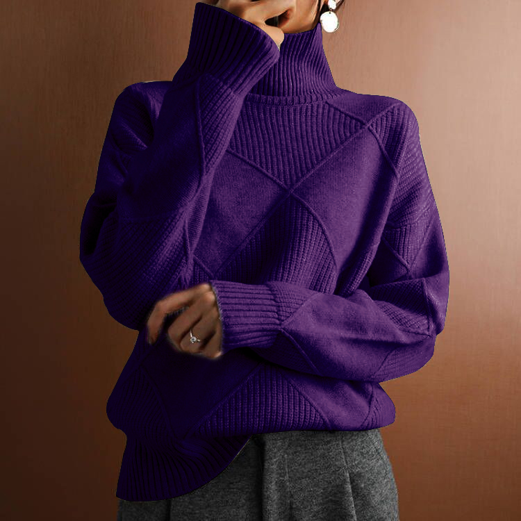 Women's loose ivory turtleneck sweater thick lozenge knit long sleeve cozy winter top