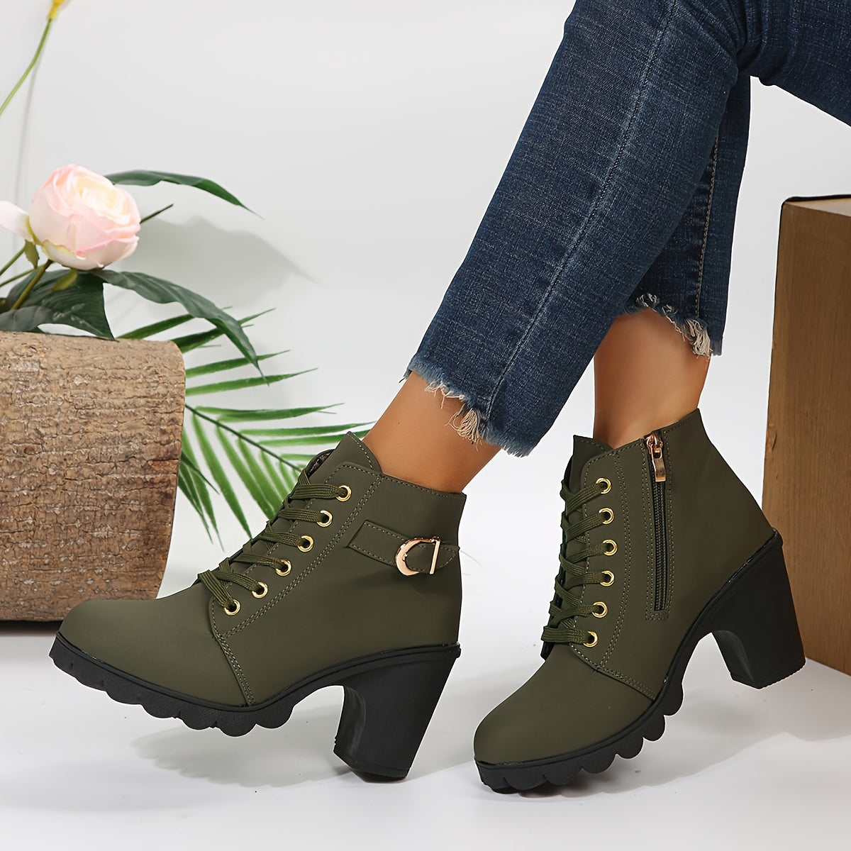 Women's black lace-up ankle boots block heel with front lacing and side zipper casual chic