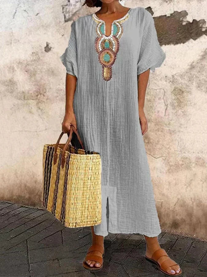 Women's boho kaftan dress with ethnic embroidery, flowing silhouette in earthy tones for everyday chic