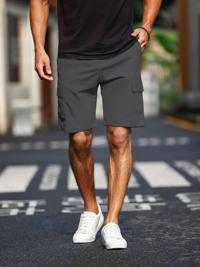 Men's khaki cargo shorts relaxed fit with practical side cargo pockets for everyday casual wear