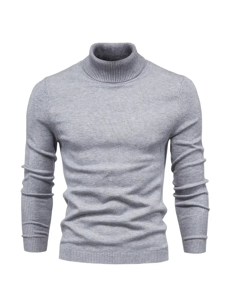 Men's slim-fit turtleneck sweater with high neck collar, long sleeves, ideal for layering in cold weather