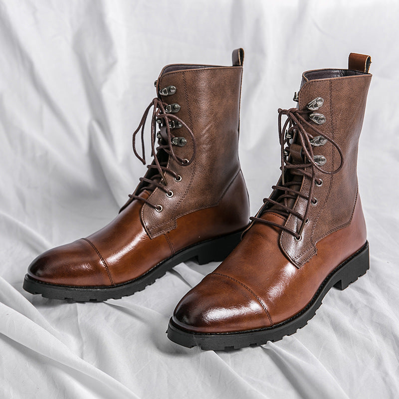 Men's brown handmade leather lace-up boots with durable soles and two-tone finish for everyday style