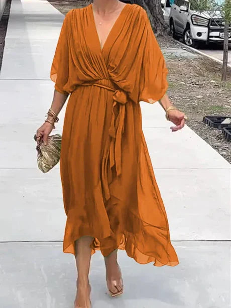 Green chiffon V-neck midi dress Fiona, lightweight flowy silhouette for women, day-to-night versatile style