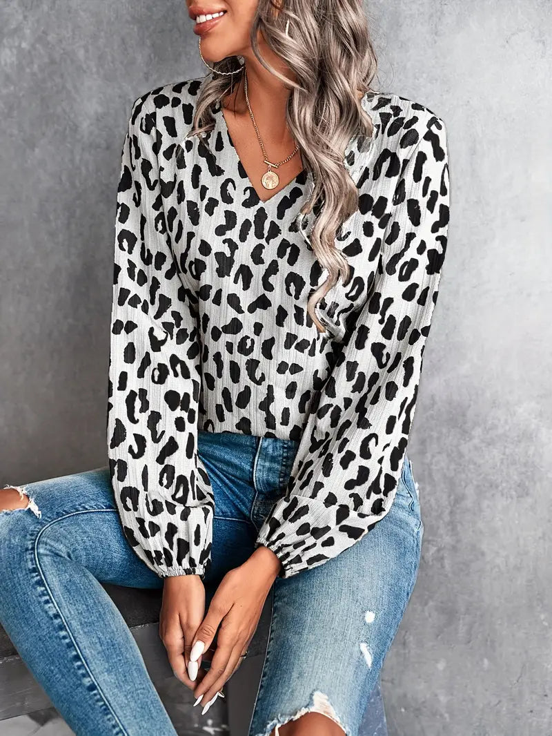 Women's leopard print V-neck blouse, casual chic silhouette with flattering neckline