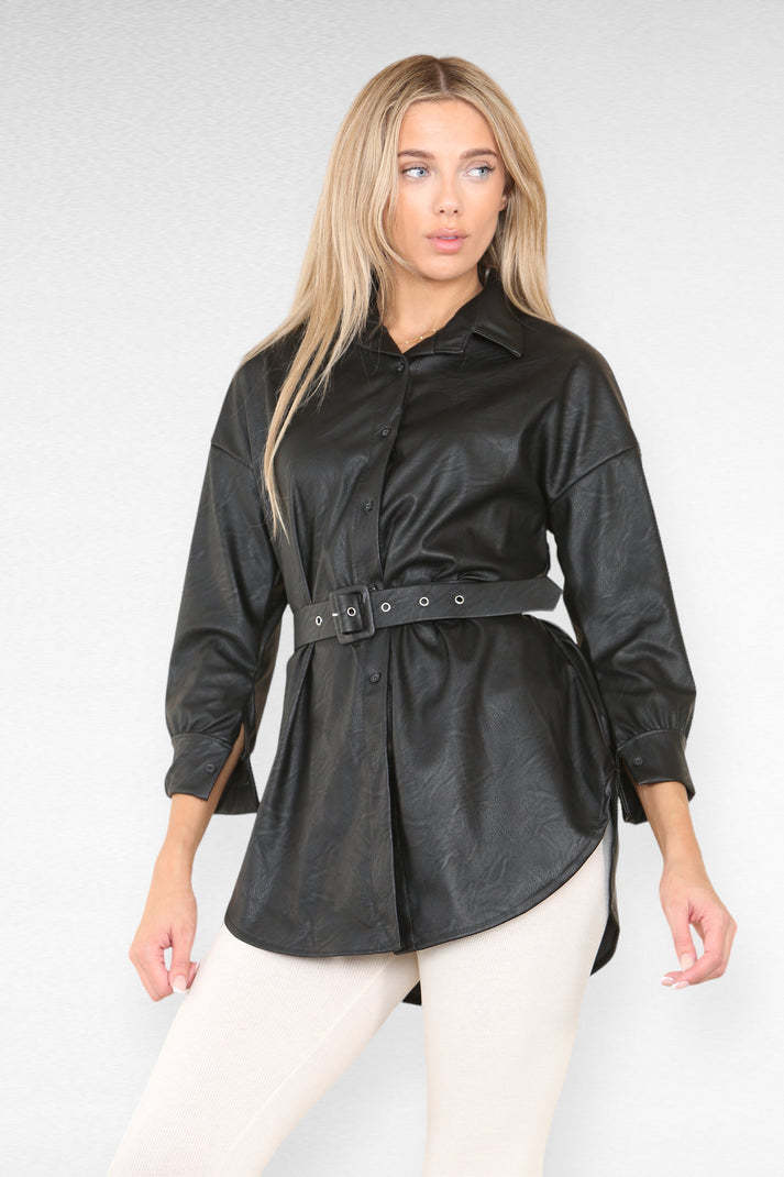Women's black PU leather shirt dress with belt, wet-look finish, chic elegant office evening wear