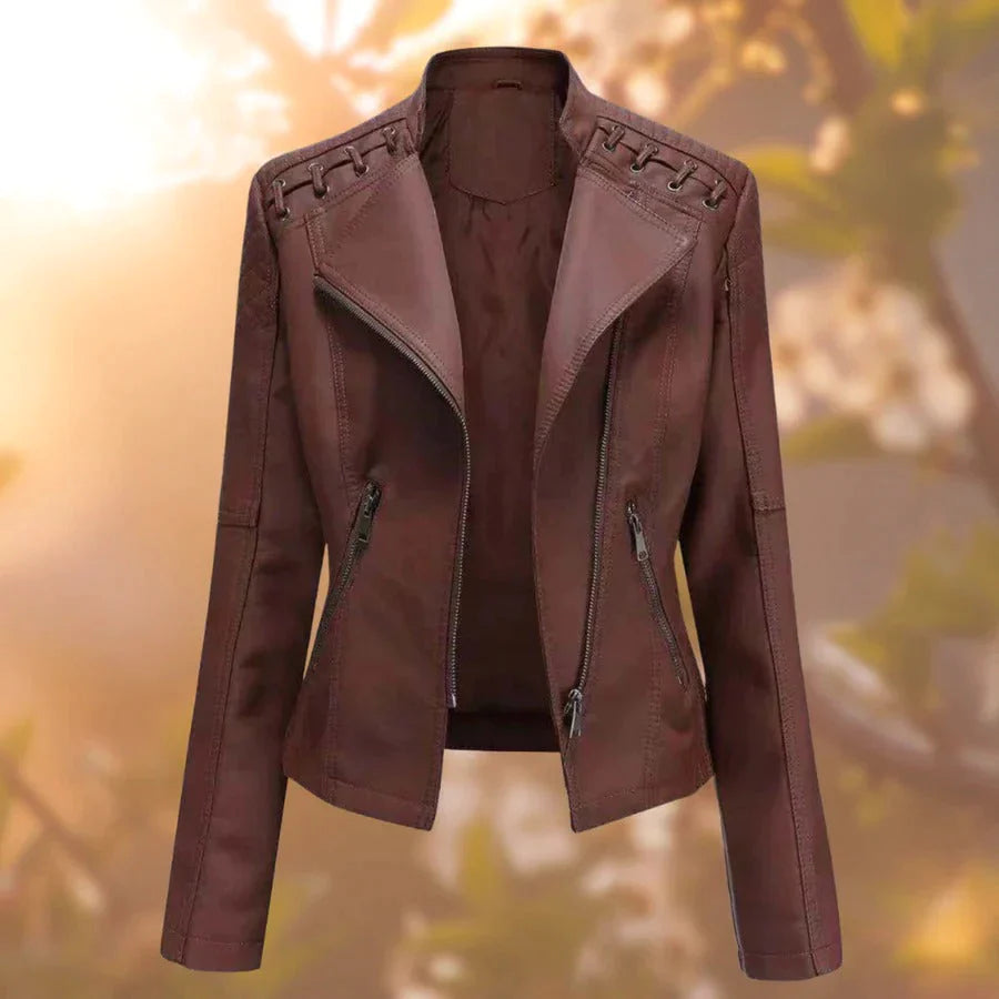 Women's black fitted perfecto jacket with timeless chic silhouette, all-season wardrobe essential