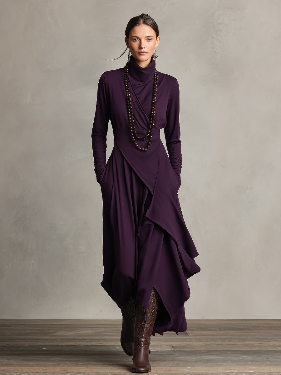 Women's burgundy wrap turtleneck midi dress with draped asymmetrical skirt for elegant office wear